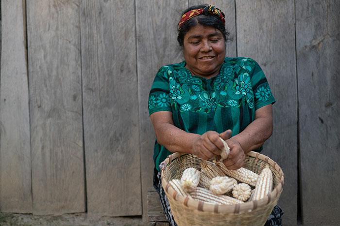 Mujer desgranando maiz